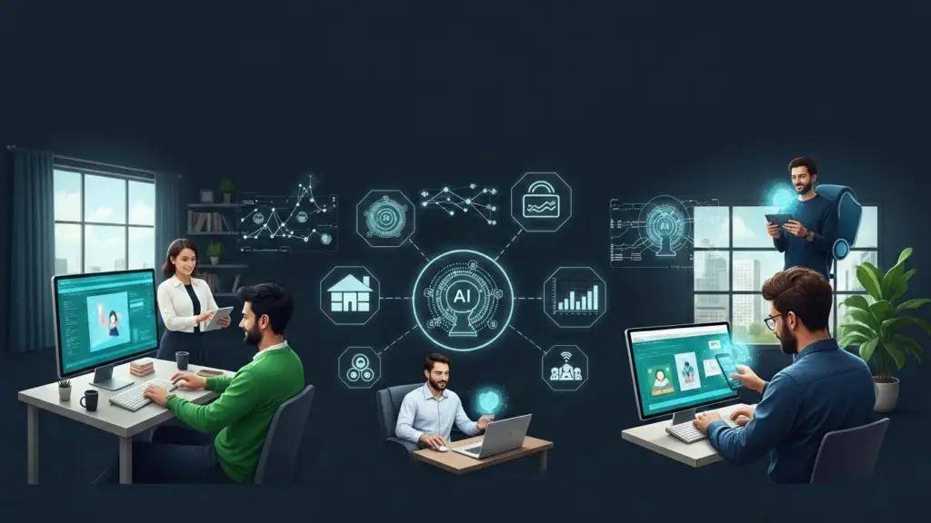 Integração de Inteligência Artificial na vida diária e no trabalho, mostrando produtividade e tecnologia, sem textos