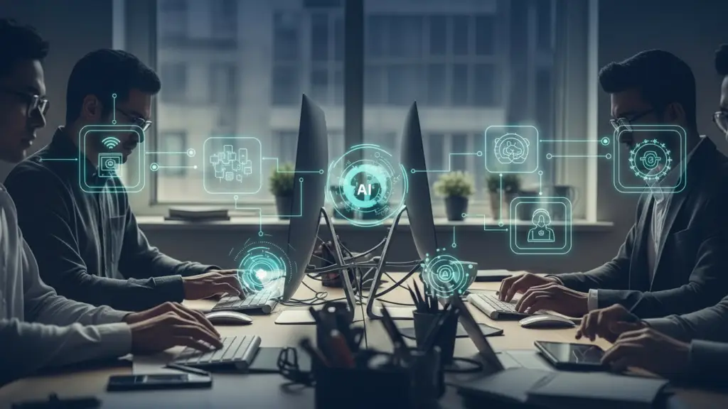 Manter produtividade usando Inteligência Artificial, mostrando foco, organização e tecnologia, sem textos