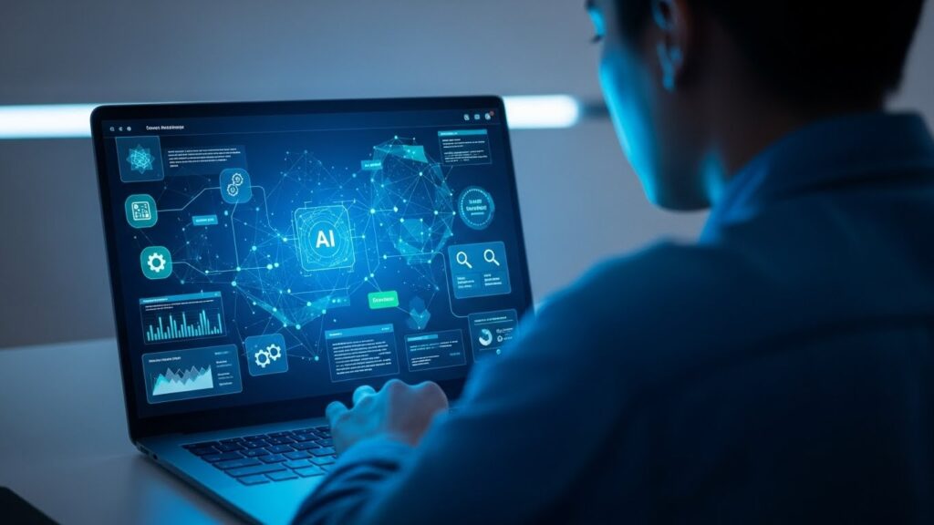 Pessoa usando inteligência artificial no computador para trabalhar e criar