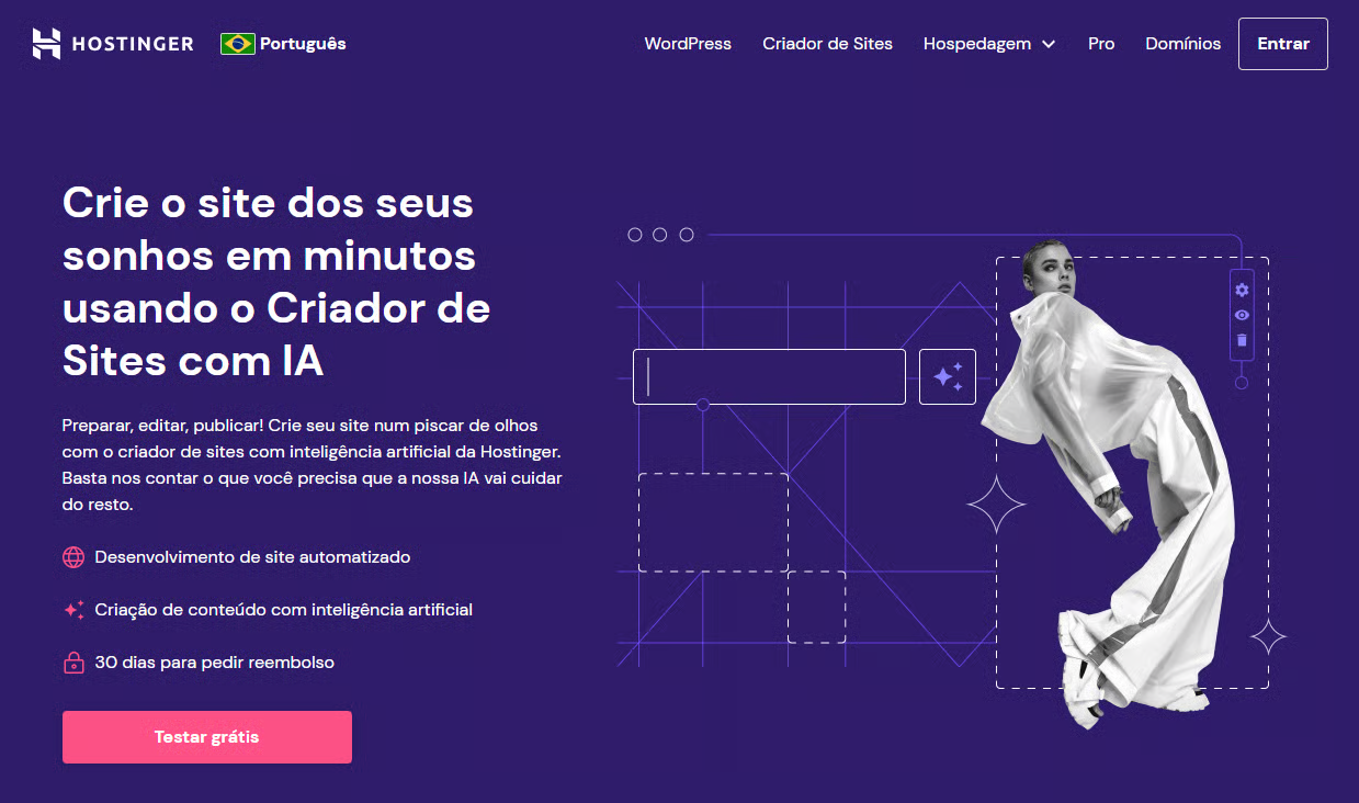 Painel de controle do Criador de Sites de IA Hostinger gerando um site automaticamente.