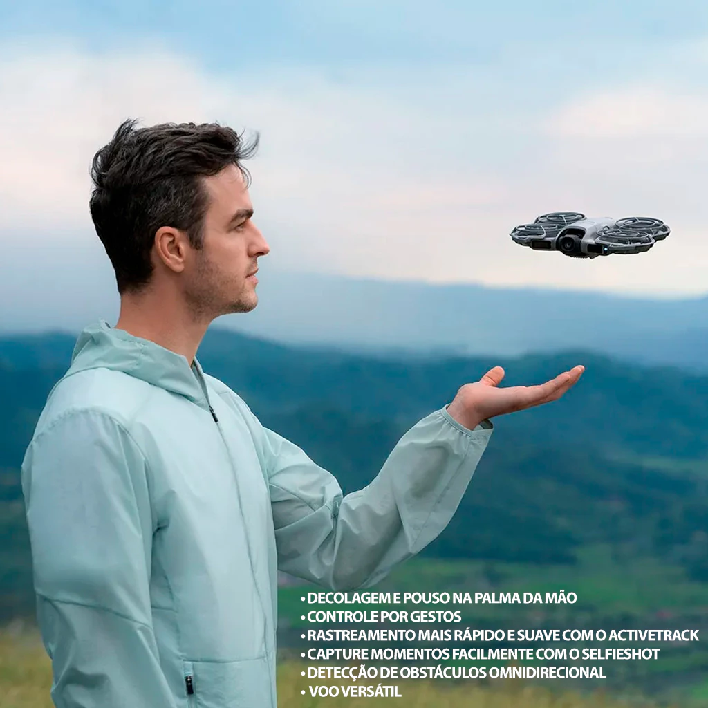 Drone Dji Neo 2 Fly realizando pouso automático na mão do usuário através de visão computacional.