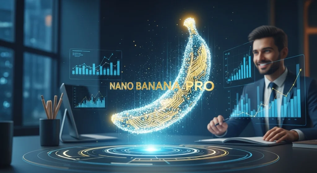 Infográfico holográfico do método Nano Banana Pro mostrando dados de monetização e inteligência artificial generativa em um ambiente de trabalho digital.