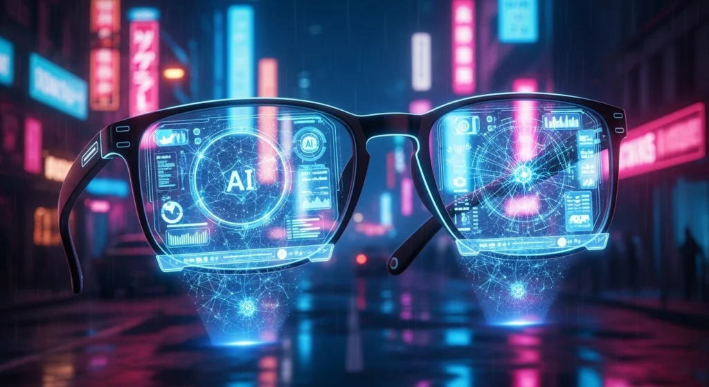 Óculos inteligentes com interface de inteligência artificial futurista