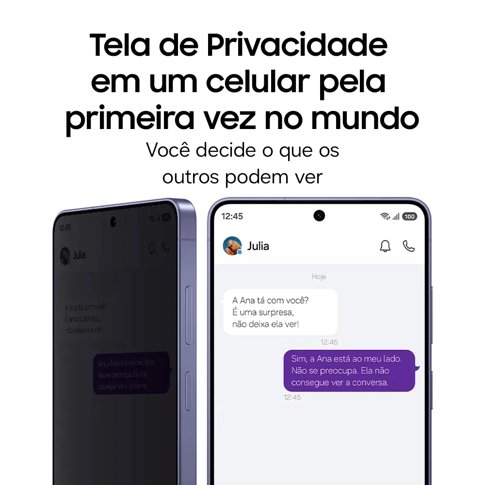 Infográfico comparando o ângulo de visão normal vs. tela de privacidade ativa no Samsung Galaxy S26 Ultra.