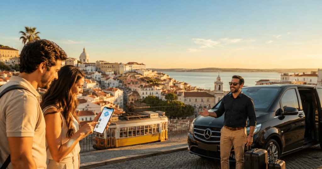 Guia de turismo em Portugal mostrando pontos turísticos de Lisboa e planejamento com inteligência artificial